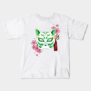 Cherry Blossom Fox Green Mask - A Playful and Elegant Design Kids T-Shirt